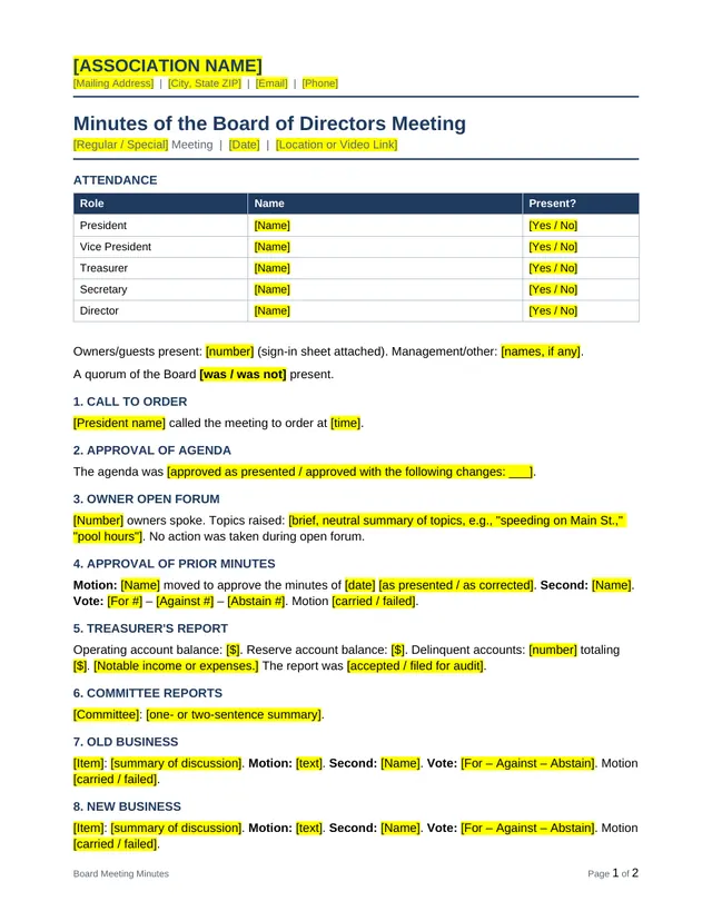 Board meeting minutes template