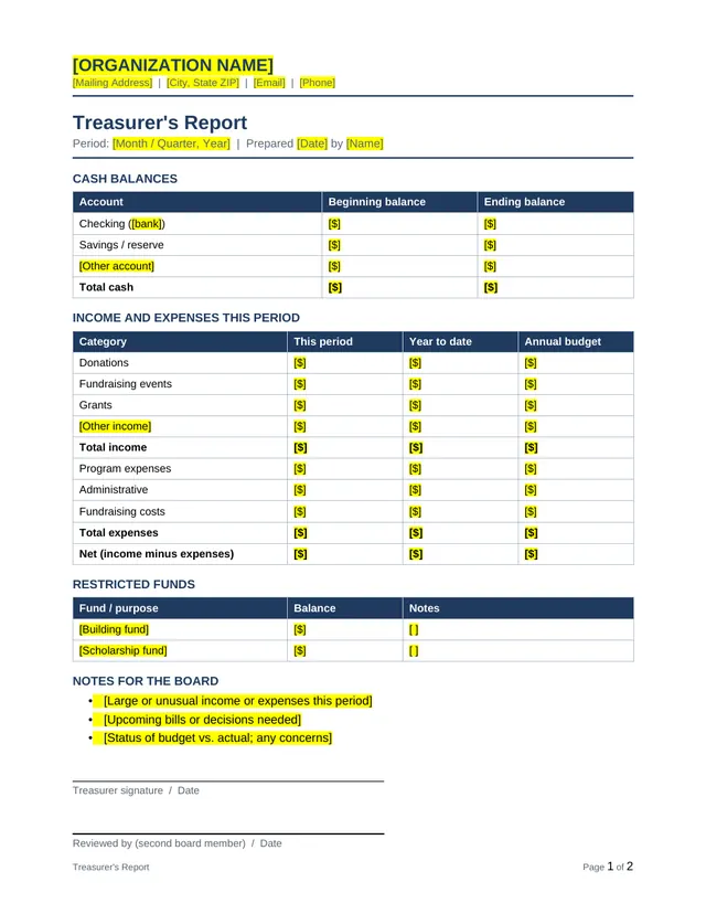 Treasurer's report template