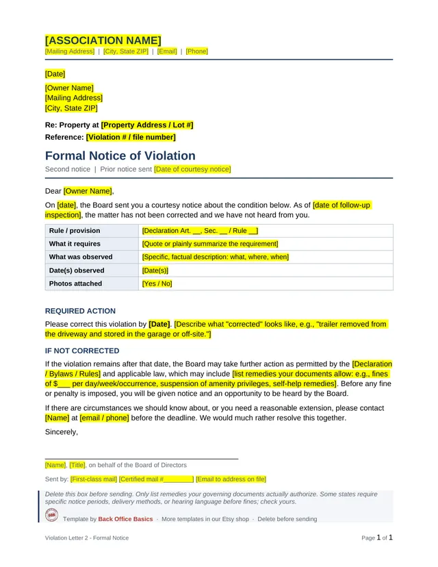 HOA formal violation notice template